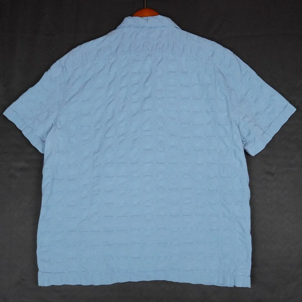 J. Crew Shirt Mens L Blue Textured Grid Short Sleeve Camp Collar Cotton Casual